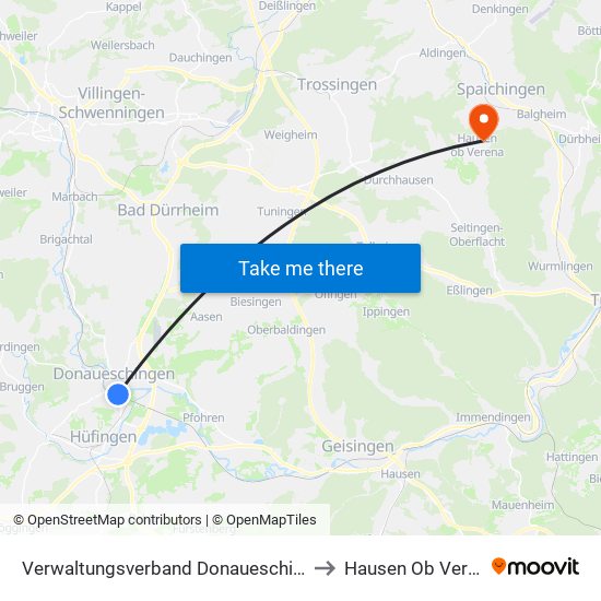 Verwaltungsverband Donaueschingen to Hausen Ob Verena map