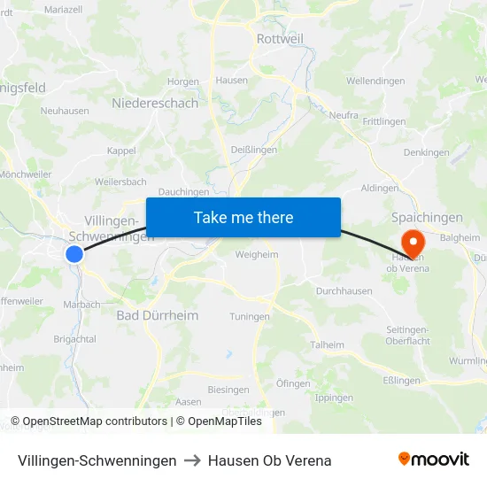 Villingen-Schwenningen to Hausen Ob Verena map