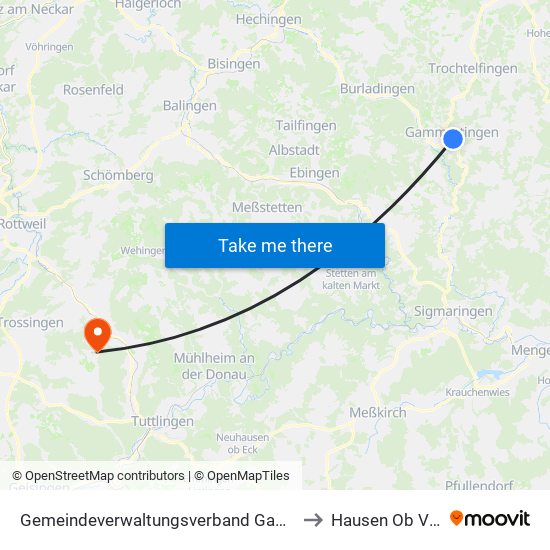 Gemeindeverwaltungsverband Gammertingen to Hausen Ob Verena map