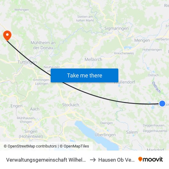 Verwaltungsgemeinschaft Wilhelmsdorf to Hausen Ob Verena map