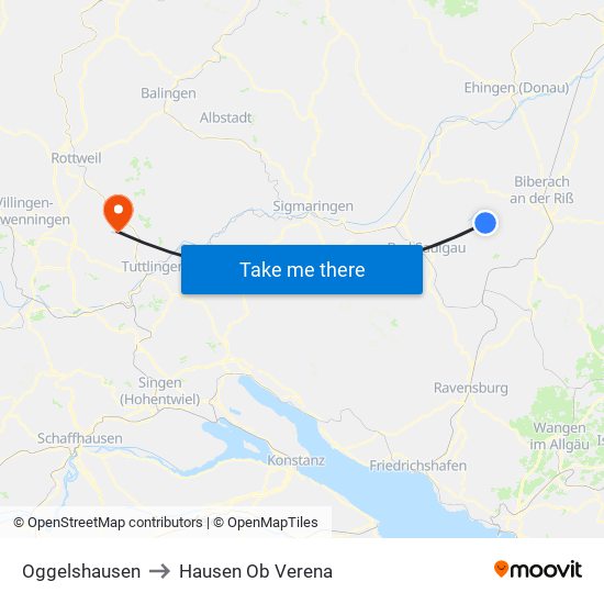 Oggelshausen to Hausen Ob Verena map
