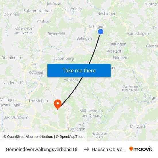 Gemeindeverwaltungsverband Bisingen to Hausen Ob Verena map