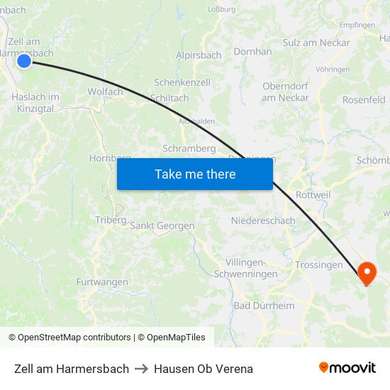 Zell am Harmersbach to Hausen Ob Verena map