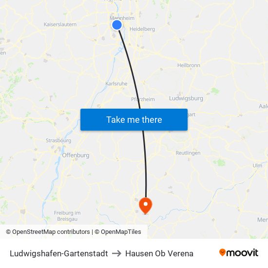 Ludwigshafen-Gartenstadt to Hausen Ob Verena map