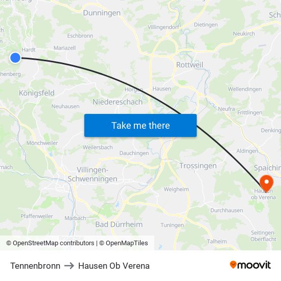 Tennenbronn to Hausen Ob Verena map