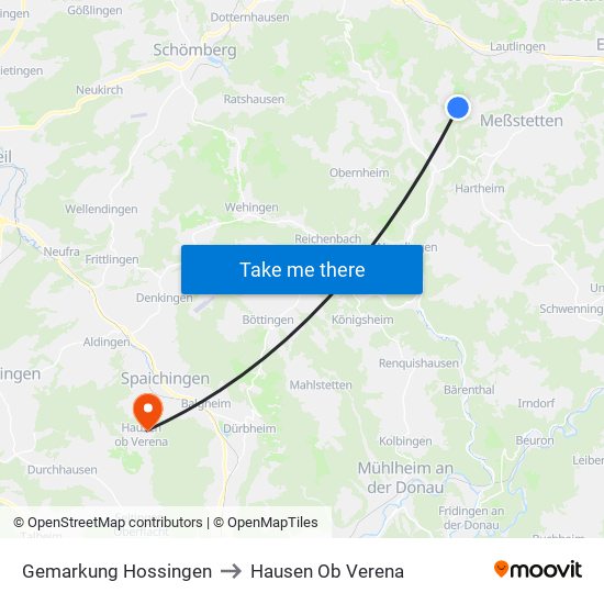 Gemarkung Hossingen to Hausen Ob Verena map