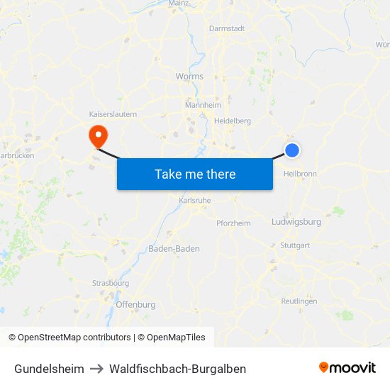 Gundelsheim to Waldfischbach-Burgalben map