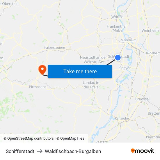 Schifferstadt to Waldfischbach-Burgalben map