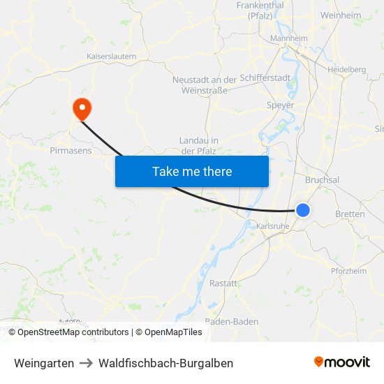 Weingarten to Waldfischbach-Burgalben map