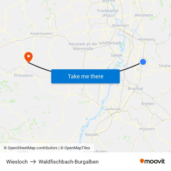 Wiesloch to Waldfischbach-Burgalben map