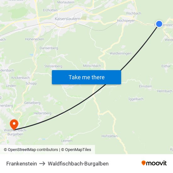 Frankenstein to Waldfischbach-Burgalben map