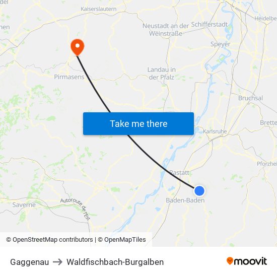 Gaggenau to Waldfischbach-Burgalben map