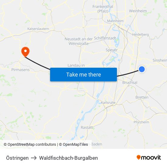 Östringen to Waldfischbach-Burgalben map