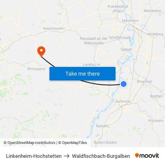 Linkenheim-Hochstetten to Waldfischbach-Burgalben map