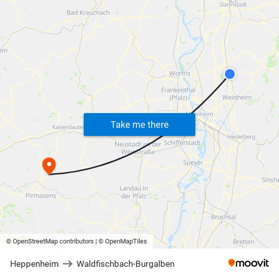 Heppenheim to Waldfischbach-Burgalben map