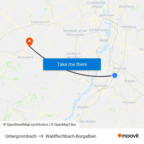 Untergrombach to Waldfischbach-Burgalben map