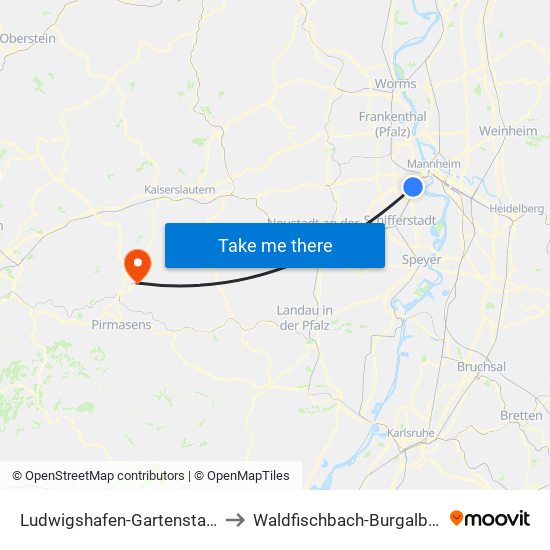 Ludwigshafen-Gartenstadt to Waldfischbach-Burgalben map