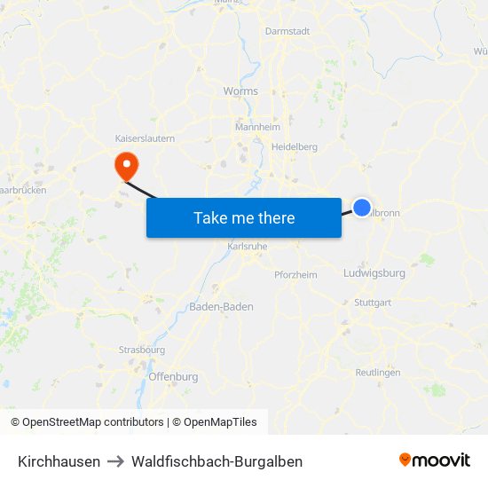 Kirchhausen to Waldfischbach-Burgalben map