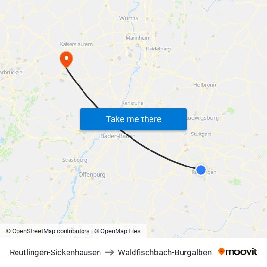 Reutlingen-Sickenhausen to Waldfischbach-Burgalben map