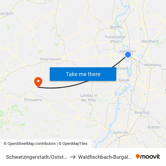 Schwetzingerstadt/Oststadt to Waldfischbach-Burgalben map