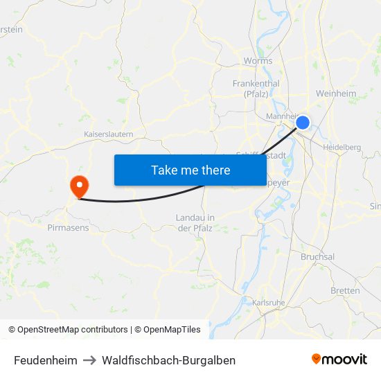 Feudenheim to Waldfischbach-Burgalben map