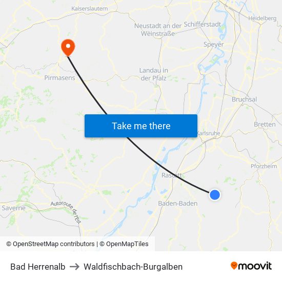 Bad Herrenalb to Waldfischbach-Burgalben map