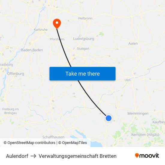 Aulendorf to Verwaltungsgemeinschaft Bretten map