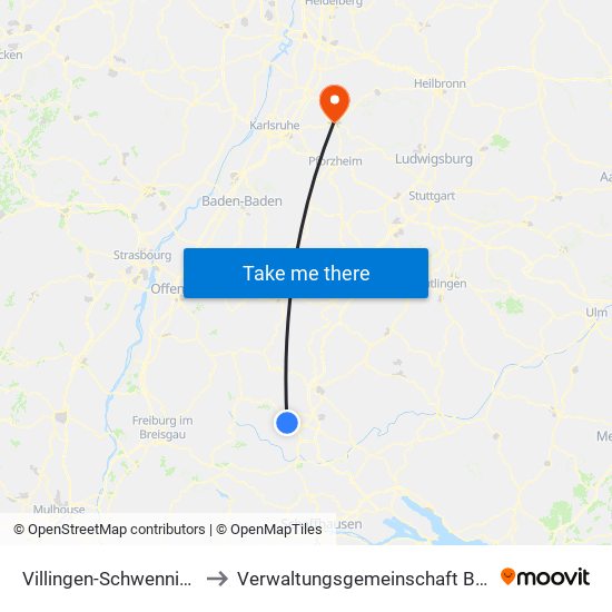 Villingen-Schwenningen to Verwaltungsgemeinschaft Bretten map