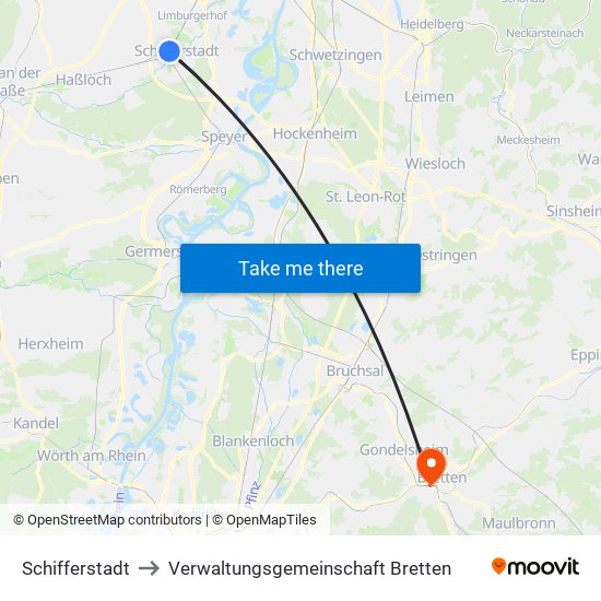 Schifferstadt to Verwaltungsgemeinschaft Bretten map