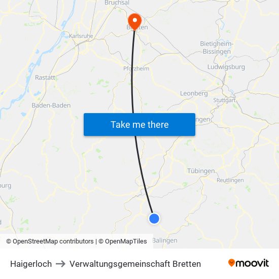 Haigerloch to Verwaltungsgemeinschaft Bretten map