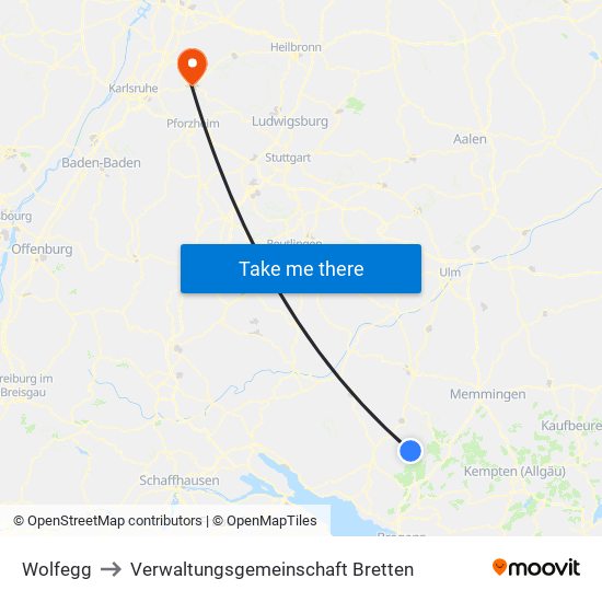 Wolfegg to Verwaltungsgemeinschaft Bretten map