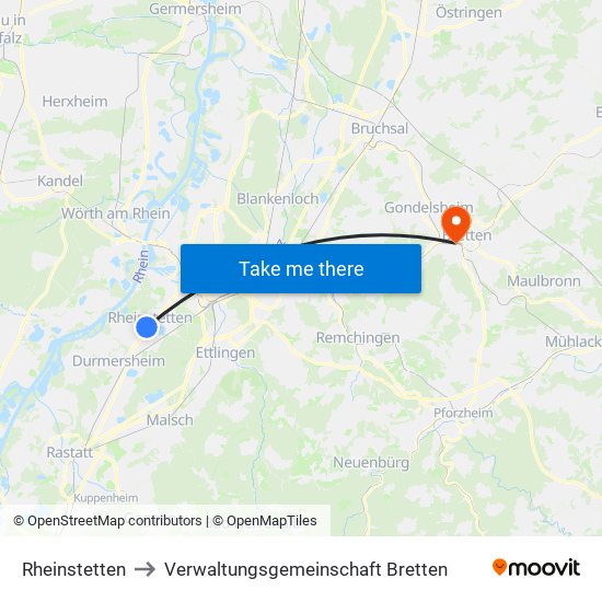 Rheinstetten to Verwaltungsgemeinschaft Bretten map