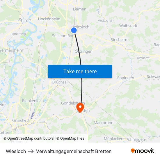 Wiesloch to Verwaltungsgemeinschaft Bretten map