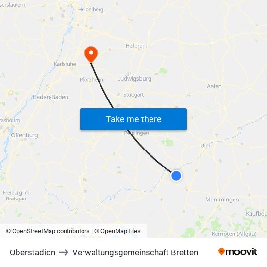 Oberstadion to Verwaltungsgemeinschaft Bretten map