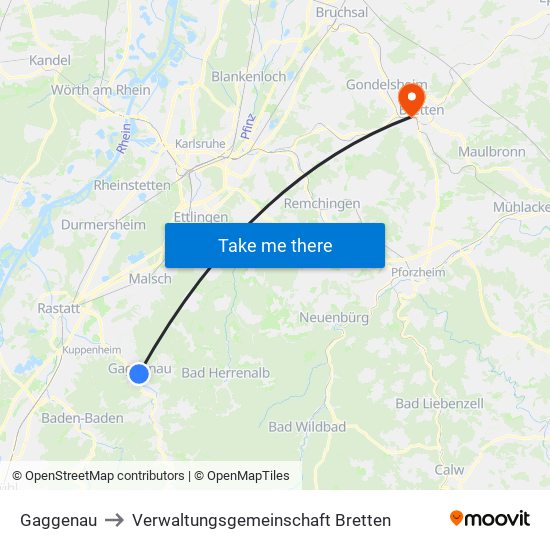 Gaggenau to Verwaltungsgemeinschaft Bretten map