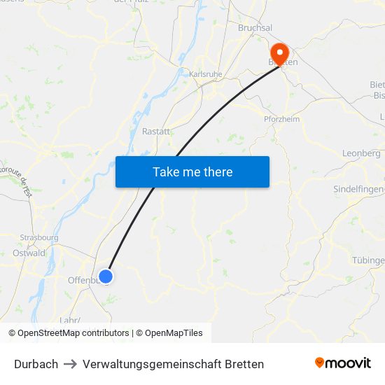 Durbach to Verwaltungsgemeinschaft Bretten map