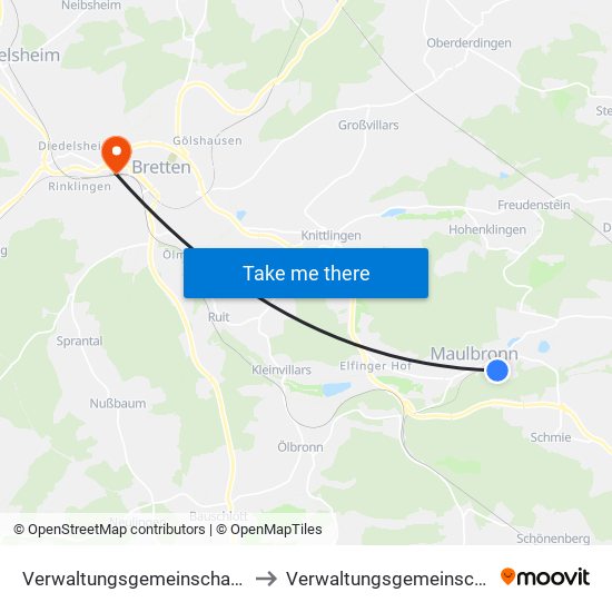 Verwaltungsgemeinschaft Maulbronn to Verwaltungsgemeinschaft Bretten map