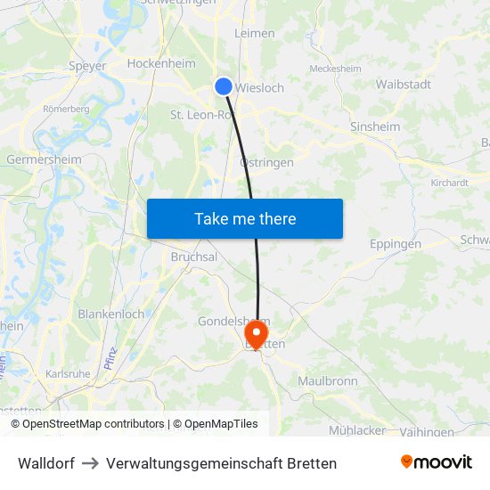 Walldorf to Verwaltungsgemeinschaft Bretten map