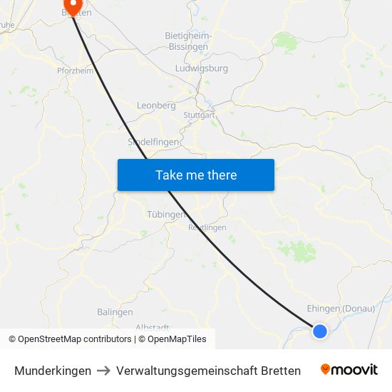 Munderkingen to Verwaltungsgemeinschaft Bretten map