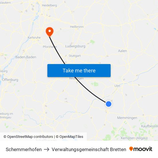 Schemmerhofen to Verwaltungsgemeinschaft Bretten map