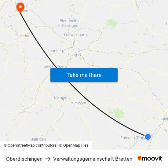 Oberdischingen to Verwaltungsgemeinschaft Bretten map