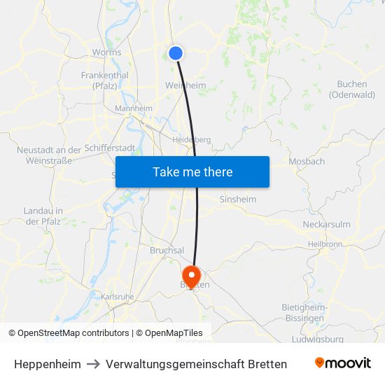 Heppenheim to Verwaltungsgemeinschaft Bretten map