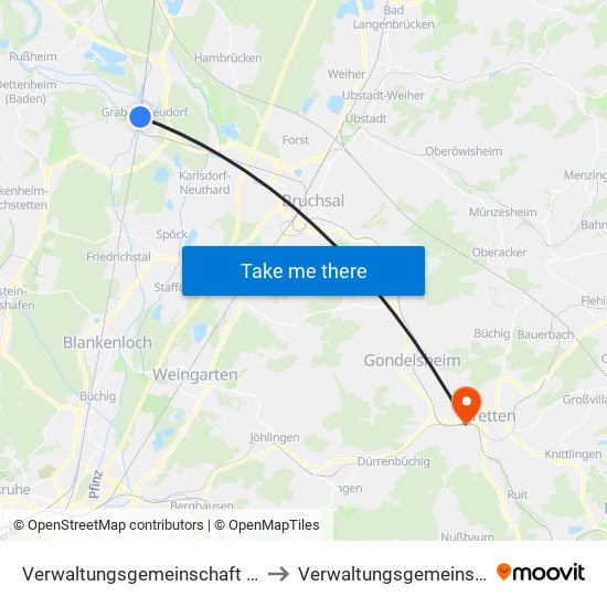 Verwaltungsgemeinschaft Graben-Neudorf to Verwaltungsgemeinschaft Bretten map