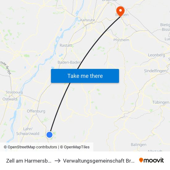 Zell am Harmersbach to Verwaltungsgemeinschaft Bretten map