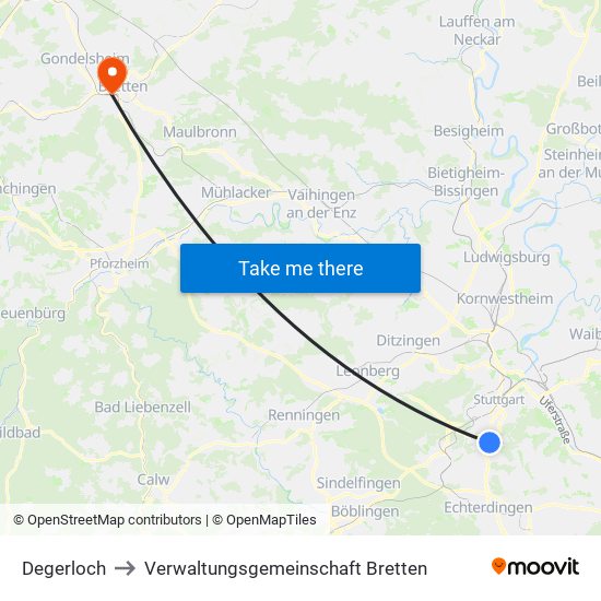 Degerloch to Verwaltungsgemeinschaft Bretten map