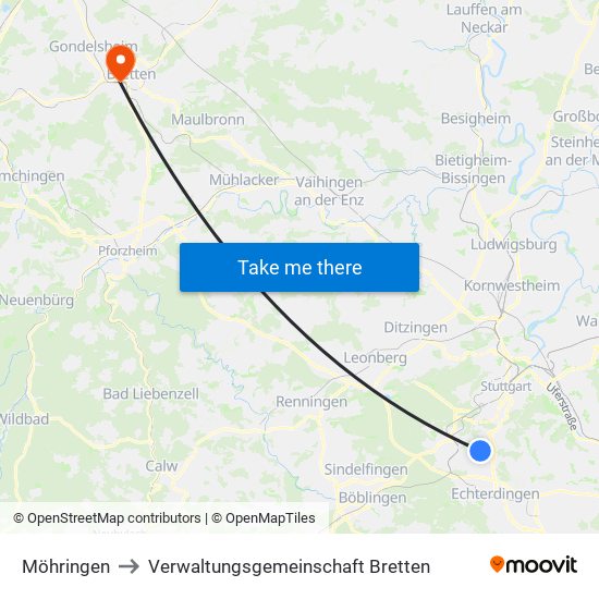 Möhringen to Verwaltungsgemeinschaft Bretten map