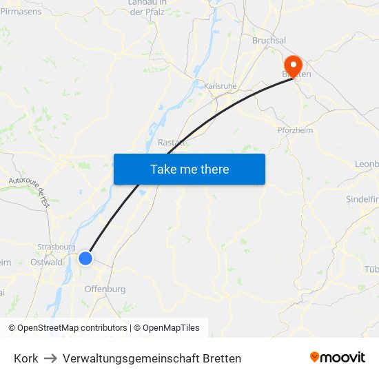 Kork to Verwaltungsgemeinschaft Bretten map