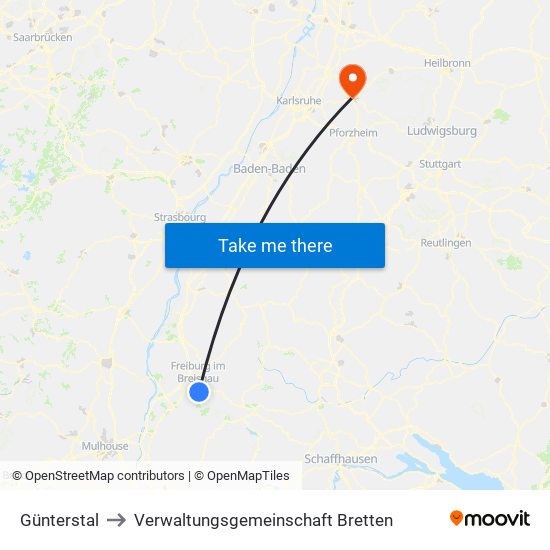 Günterstal to Verwaltungsgemeinschaft Bretten map