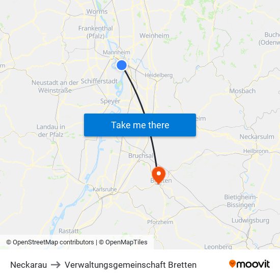 Neckarau to Verwaltungsgemeinschaft Bretten map