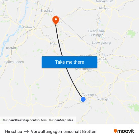 Hirschau to Verwaltungsgemeinschaft Bretten map